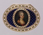 Snuffbox with portrait of a member of the French royal family, probably a daughter of Louis XV, Joseph Etienne Blerzy French, Gold, enamel, gouache on cloth, glass, French, Paris