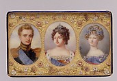Snuffbox with portraits of Empress Maria Feodorovna, her Son Grand Duke Michael Pavlovich, and her daughter-in-law Elena Pavlovna, Anthelme François Lagrenée  French, Gold, silver, tortoiseshell, enamel, ivory, glass, possibly Swiss