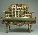 Settee (one of a pair) (part of a set), Johann Michael Bauer  German, born Westheim, Carved, painted and gilded linden wood; squab pillow in silk velvet (not original), German, Würzberg