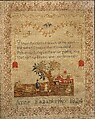 Embroidered sampler, Anne Fazackerley, Embroidered silk and chenille on wool, British