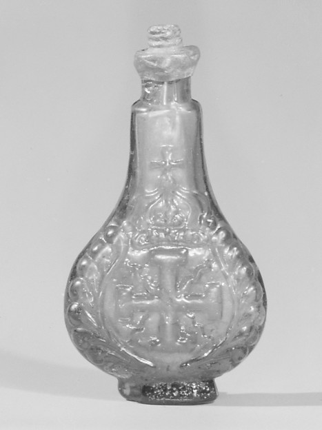 Blue-colored flacon de poche decorated with lion rampant and enflamed cross potant by Glasshouse of Bernard Perrot, Verrerie Royale d'Orléans, The Metropolitan Museum of Art
