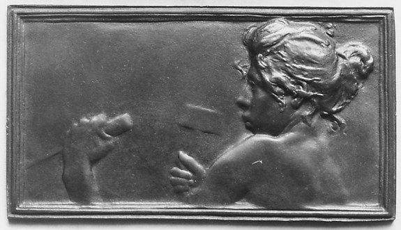 Nude bust of a girl vigorously sculpting a marble block (La Sculpture) — Alexandre-Louis-Marie Charpentier