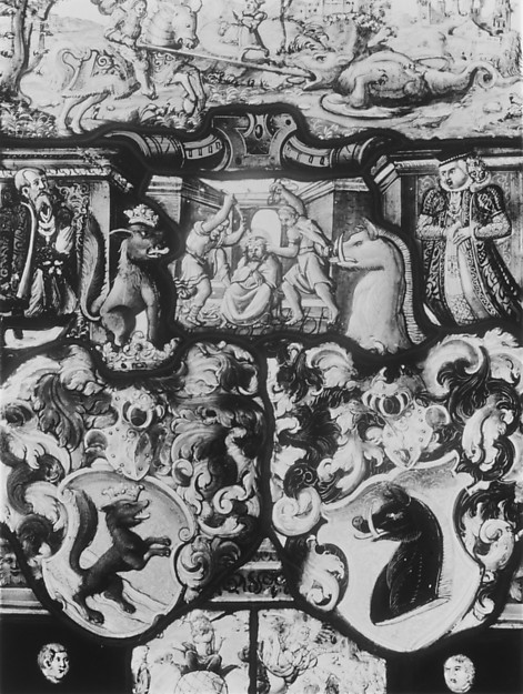 Saint George and the Dragon, the Scourging of Christ and the Last Judgement, with donor figures and armorials by Anonymous