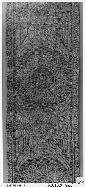 Orphrey woven with figurative repeat design of seraphim with IHS Christogram in glories by an unrecorded maker, The Metropolitan Museum of Art