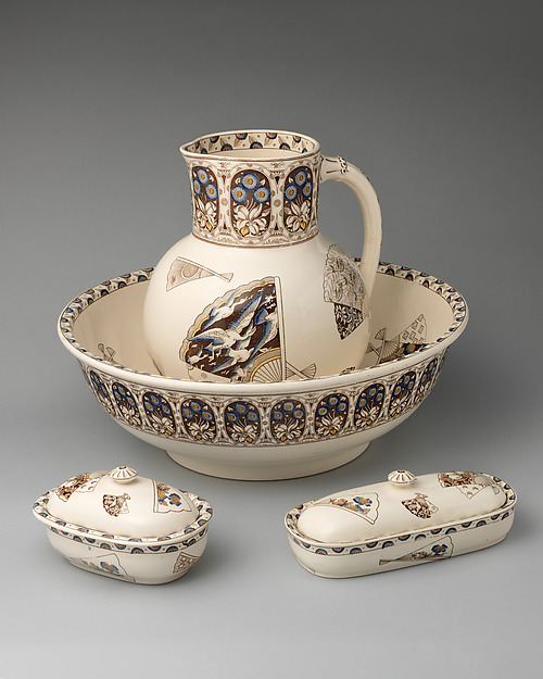 Ewer and basin, soap and brush boxes