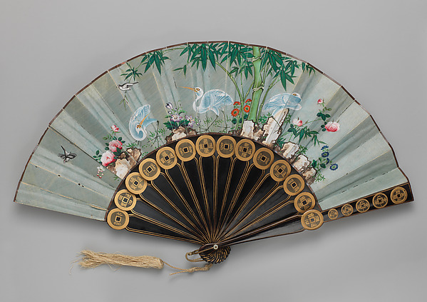 Folding Fan with Scene of Cranes, Bamboo, and Flowers