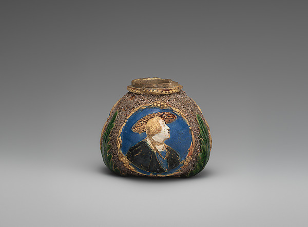 Hafner ware pot with portraits of Ferdinand I, King of Hungary (1503–64), Anne of Hungary (1503–47), and probably Emperor Charles V (1519–56) by an unrecorded maker, The Metropolitan Museum of Art