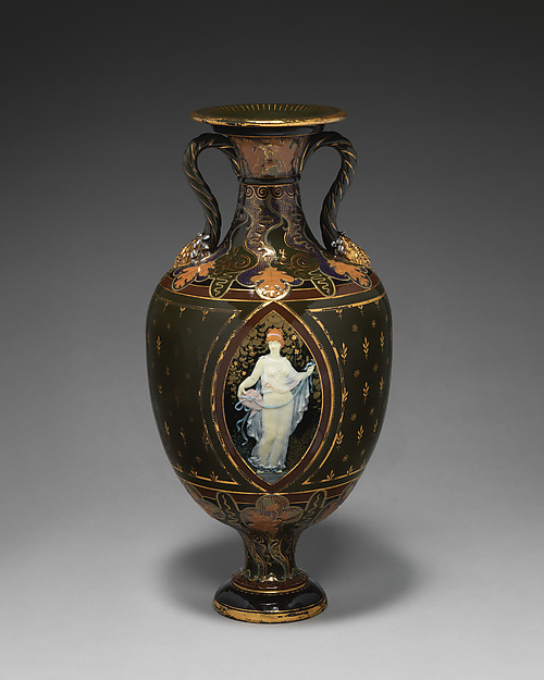 Olive-green ground vase with pâte-sur-pâte decoration