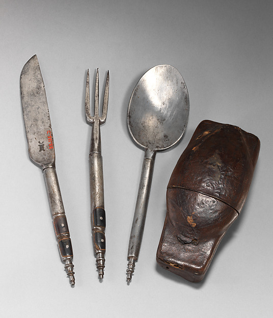 Knife, fork, and spoon in traveling case by an unrecorded maker, The Metropolitan Museum of Art
