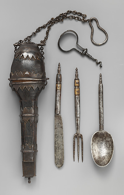 Knife, fork, spoon, and corkscrew in a case (Étui de couvert)