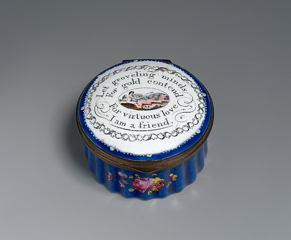 Patch Box with Cupid, “Let groveling minds / For gold contend / For virtuous love / I am a Friend.” by an unrecorded maker, The Metropolitan Museum of Art