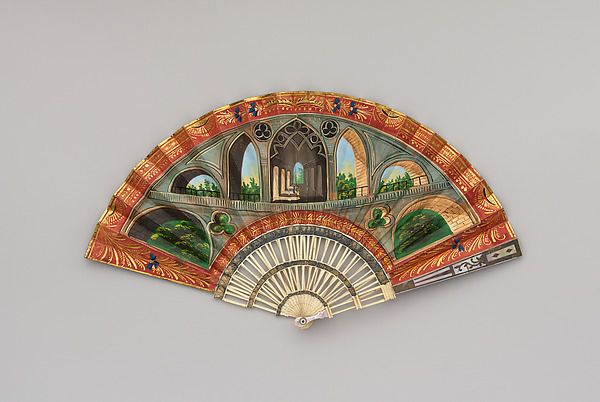Folding Fan with Representation of a Gothic Revival Arcade, perhaps a Souvenir of Stowe by an unrecorded maker, The Metropolitan Museum of Art