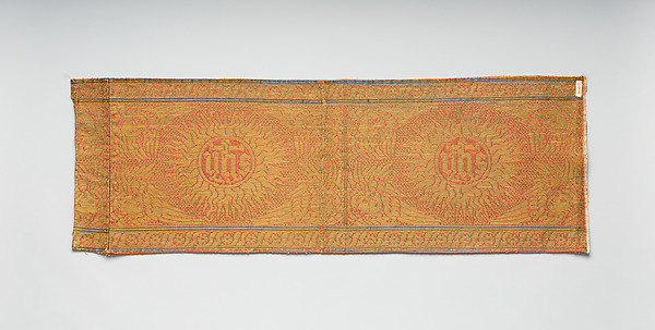 Apparel for a vestment woven with figurative repeat design of Seraphim and IHS Christogram in glories by an unrecorded maker, The Metropolitan Museum of Art