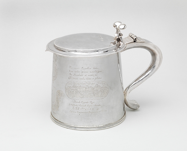 Tankard engraved with scenes of the Great Plague and the Great Fire of London