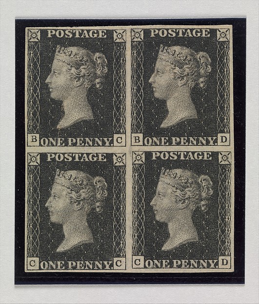 Unused block of four "Penny Black" postage stamps of Queen Victoria
