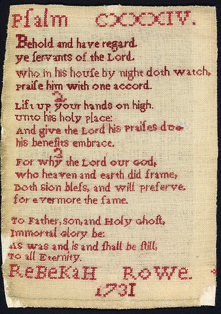 Sampler made at a charity school by Rebekah Rowe