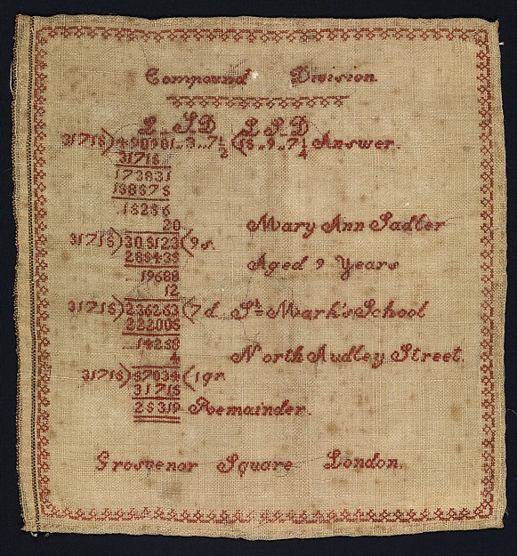 Sampler with compound division equation by Mary Ann Sadler, The Metropolitan Museum of Art