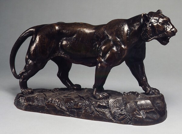 Walking Tiger, bronzen beeld van Antoine-Louis Barye met donkerbruin patina