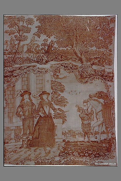 Copper plate printed cotton with King Charles I and Queen Henrietta Maria