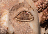 Original: Red (cinnabar with red ocher) iris and black (carbon black) brow. Image Vinzenz Brinkmann Reconstruction of a marble finial in the form of a sphinx, Vinzenz Brinkmann, Cast from polymethyl metacrylate, natural pigments in egg tempera, gold foil, and copper