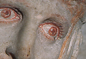 Original: White (lead white) highlights and reddish brown (minium with red ocher) eyelashes of a Persian warrior lifting his shield. Image Vinzenz Brinkmann Reconstruction of one side of the so-called Alexander Sarcophagus, with a battle between Greeks and Persians Variant A, Vinzenz Brinkmann, Synthetic material, natural pigments in egg tempera