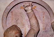 Original: Painted audience scene on the interior of the lifted shield of a Persian warrior. Image Vinzenz Brinkmann Reconstruction of one side of the so-called Alexander Sarcophagus, with a battle between Greeks and Persians Variant A, Vinzenz Brinkmann, Synthetic material, natural pigments in egg tempera