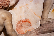 Original: Yellow (yellow ocher) broken spear with ocher-brown shadow side, red (madder lacquer) helmet as painted on the background of the relief. Image Vinzenz Brinkmann Reconstruction of one side of the so-called Alexander Sarcophagus, with a battle between Greeks and Persians Variant A, Vinzenz Brinkmann, Synthetic material, natural pigments in egg tempera