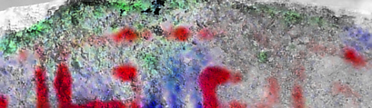 Original: Ornament on diadem. Composite map of scanning x-ray fluorescence spectroscopy (XRF) of the Sphinx’s diadem showing cinnabar (represented in red) and azurite (represented in blue). Image Federico Carò and Elena Basso Reconstruction of a marble finial in the form of a sphinx, Vinzenz Brinkmann, Cast from polymethyl metacrylate, natural pigments in egg tempera, gold foil, and copper