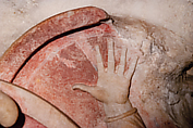 Original: In illusionistic manner painted knobs on interior of the shield of a dying Persian warrior. Image Vinzenz Brinkmann Reconstruction of one side of the so-called Alexander Sarcophagus, with a battle between Greeks and Persians Variant A, Vinzenz Brinkmann, Synthetic material, natural pigments in egg tempera