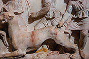 Original: Running blood and fur pattern on the back of a panther from the short side of the Alexander sarcophagus showing a hunting scene. Image Vinzenz Brinkmann Reconstruction of one side of the so-called Alexander Sarcophagus, with a battle between Greeks and Persians Variant A, Vinzenz Brinkmann, Synthetic material, natural pigments in egg tempera