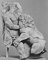 Left corner of a marble sarcophagus: Herakles and the Nemean Lion, Lysippos, Marble, Roman