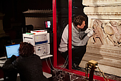 Reconstruction process: Heinrich Piening and Ulrike Koch-Brinkmann measuring pigments with ultraviolet-visible absorption spectroscopy (UV-Vis spectroscopy) 2006. Image Vinzenz Brinkmann Reconstruction of one side of the so-called Alexander Sarcophagus, with a battle between Greeks and Persians Variant A, Vinzenz Brinkmann, Synthetic material, natural pigments in egg tempera