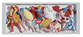 Reconstruction process: Marble stucco and natural pigments on a selective laser sintering 3D-copy (Variant B, 2006). Image Vinzenz Brinkmann Reconstruction of one side of the so-called Alexander Sarcophagus, with a battle between Greeks and Persians Variant A, Vinzenz Brinkmann, Synthetic material, natural pigments in egg tempera