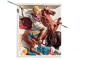 Reconstruction process: Marble stucco and natural pigments on polymethyl methacrylate (PMMA) 3D-print of the riding Alexander the Great from a long side of the Alexander sarcophagus (Variant C, 2013). Image Vinzenz Brinkmann Reconstruction of one side of the so-called Alexander Sarcophagus, with a battle between Greeks and Persians Variant A, Vinzenz Brinkmann, Synthetic material, natural pigments in egg tempera
