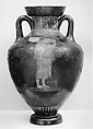 Terracotta neck-amphora of Panathenaic shape (jar), Syleus Painter, Terracotta, Greek, Attic