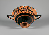 Terracotta kylix: Siana cup (drinking cup), Attributed to the C Painter, Terracotta, Greek, Attic