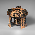 Terracotta tripod kothon (vessel for perfumed oil), Attributed to the Group of the Boeotian Dancers, Terracotta, Greek, Boeotian