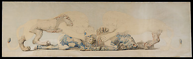 Reproduction of Two Lions Savaging a Bull, Emile Gilliéron père Swiss, Watercolor and graphite on paper, Greek