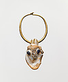 Gold earring with a glass pendant in the form of a demonic mask, Gold, glass, Phoenician or Carthaginian