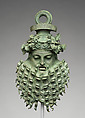 Bronze handle attachment in the form of a mask, Bronze, copper, silver, Greek or Roman