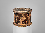 Terracotta pyxis (box), Attributed to the manner of the Meidias Painter, Terracotta, Greek, Attic