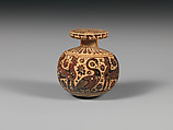 Terracotta aryballos (perfume vase), Attributed to the Duel Painter, Terracotta, Greek, Corinthian