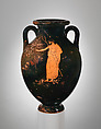 Terracotta amphora (jar), Attributed to the Berlin Painter, Terracotta, Greek, Attic