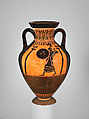 Terracotta neck-amphora (jar) of Panathenaic shape, Attributed to the Antimenes Painter, Terracotta, Greek, Attic