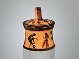 Terracotta pyxis (box), Related to the Painter of Munich 1842, Terracotta, Greek, Attic