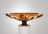 Terracotta kylix: eye-cup (drinking cup), Attributed to an artist working in the manner of Lydos, Terracotta, Greek, Attic