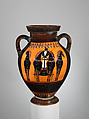 Terracotta amphora (jar), Attributed to Group E, Terracotta, Greek, Attic