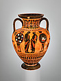 Terracotta neck-amphora (jar), Attributed to the Painter of Munich 1410, Terracotta, Greek, Attic