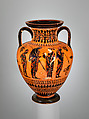 Terracotta neck-amphora (jar), Attributed to the Painter of Munich 1410, Terracotta, Greek, Attic