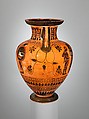 Terracotta neck-amphora (jar), Attributed to the Painter of Munich 1410, Terracotta, Greek, Attic